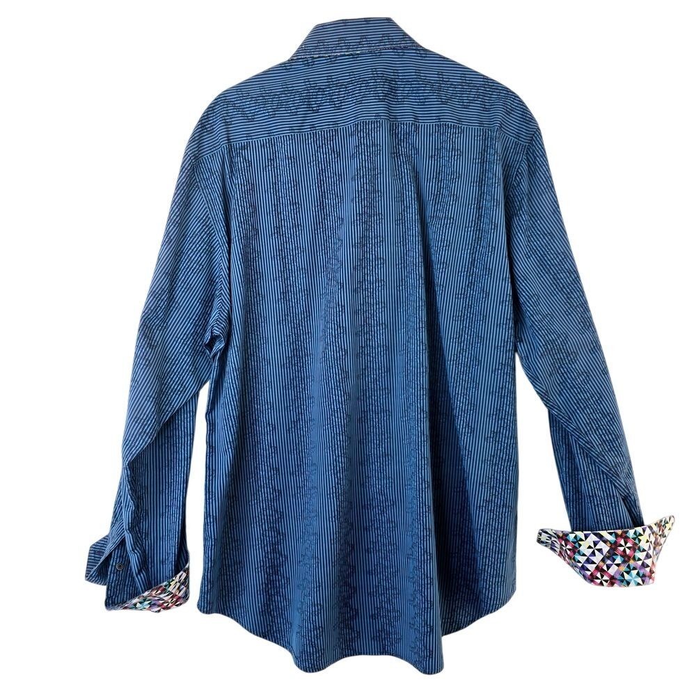 Robert Graham Mens XL Blue‎ Striped Dress Shirt Geometric Cuff Trim Silk Blend - Picture 3 of 15